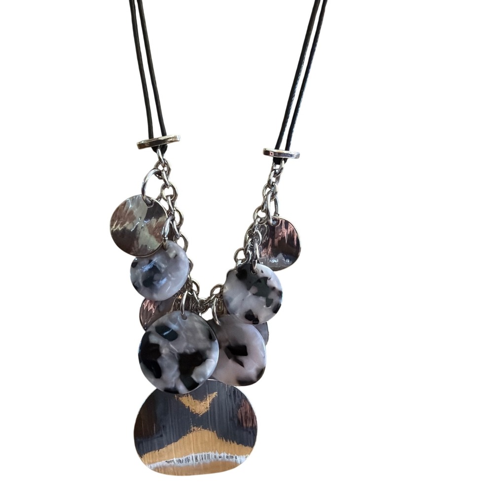 Estee Lauder 1946 Collection Silver Tone Marbled Resin Disc Cord Necklace 601